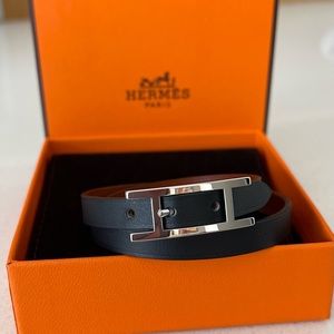 Hermès Behapi Double Tour Leather Palladium Silver Bracelet Black Tan T3 NEW